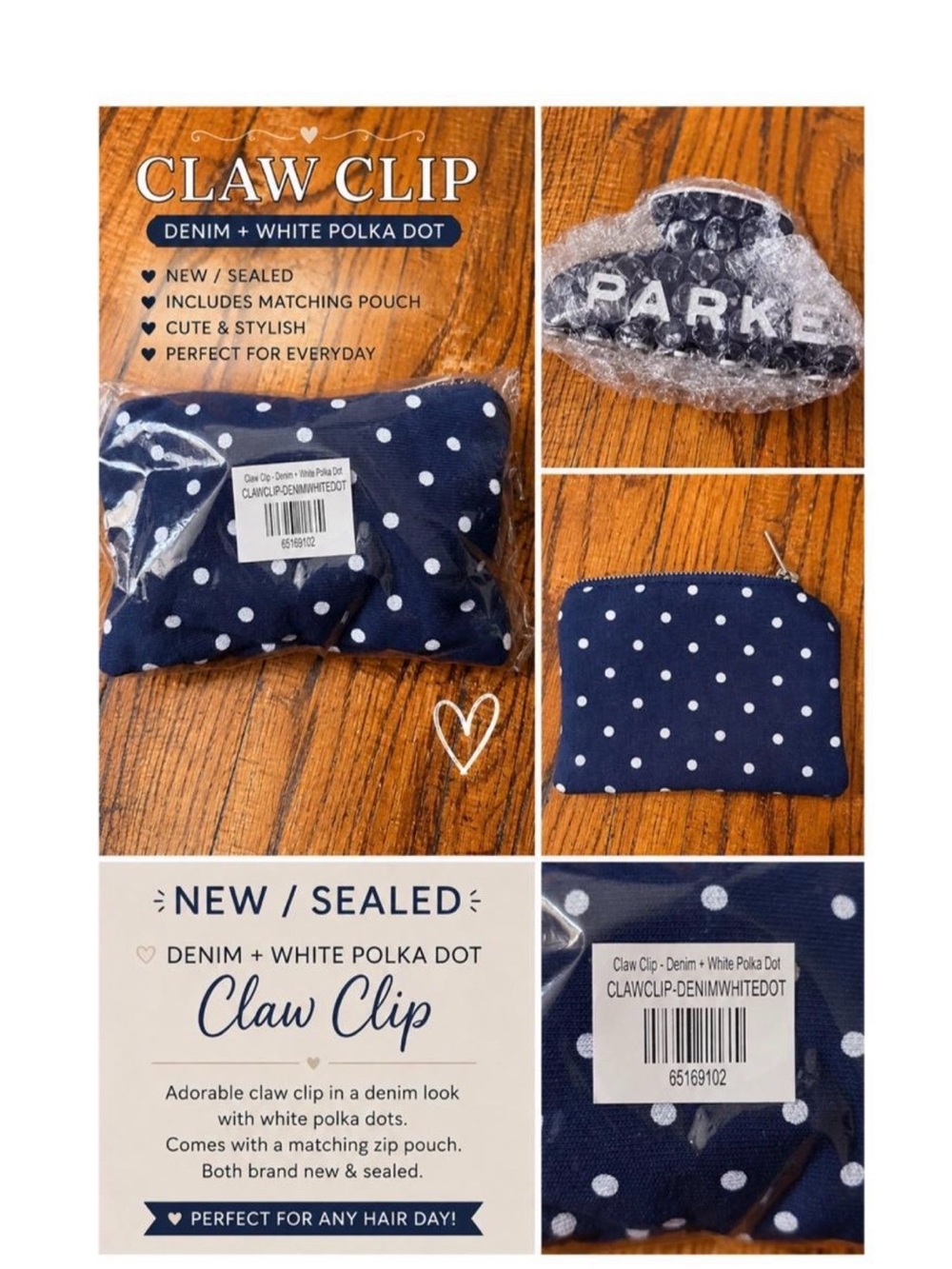 Claw Clip - Denim with White Polka Dots -
